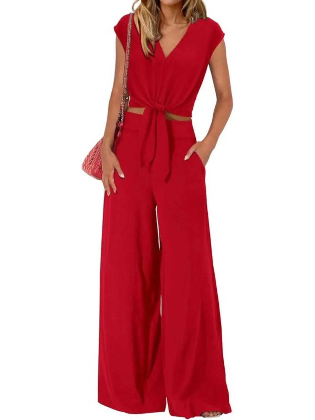 Solid Cap V-neck Lace-up Blouse & Solid Palazzo Pants