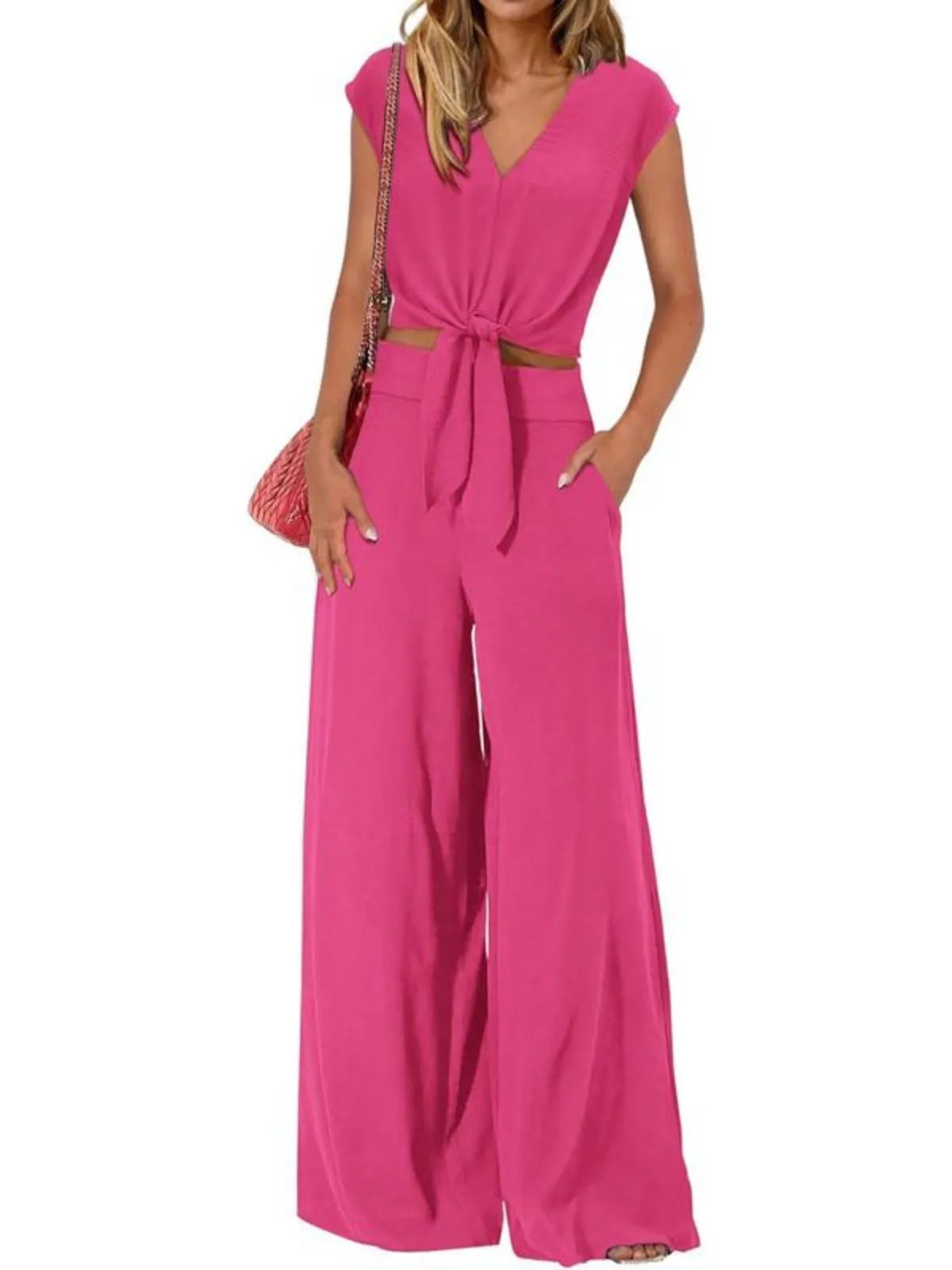 Solid Cap V-neck Lace-up Blouse & Solid Palazzo Pants
