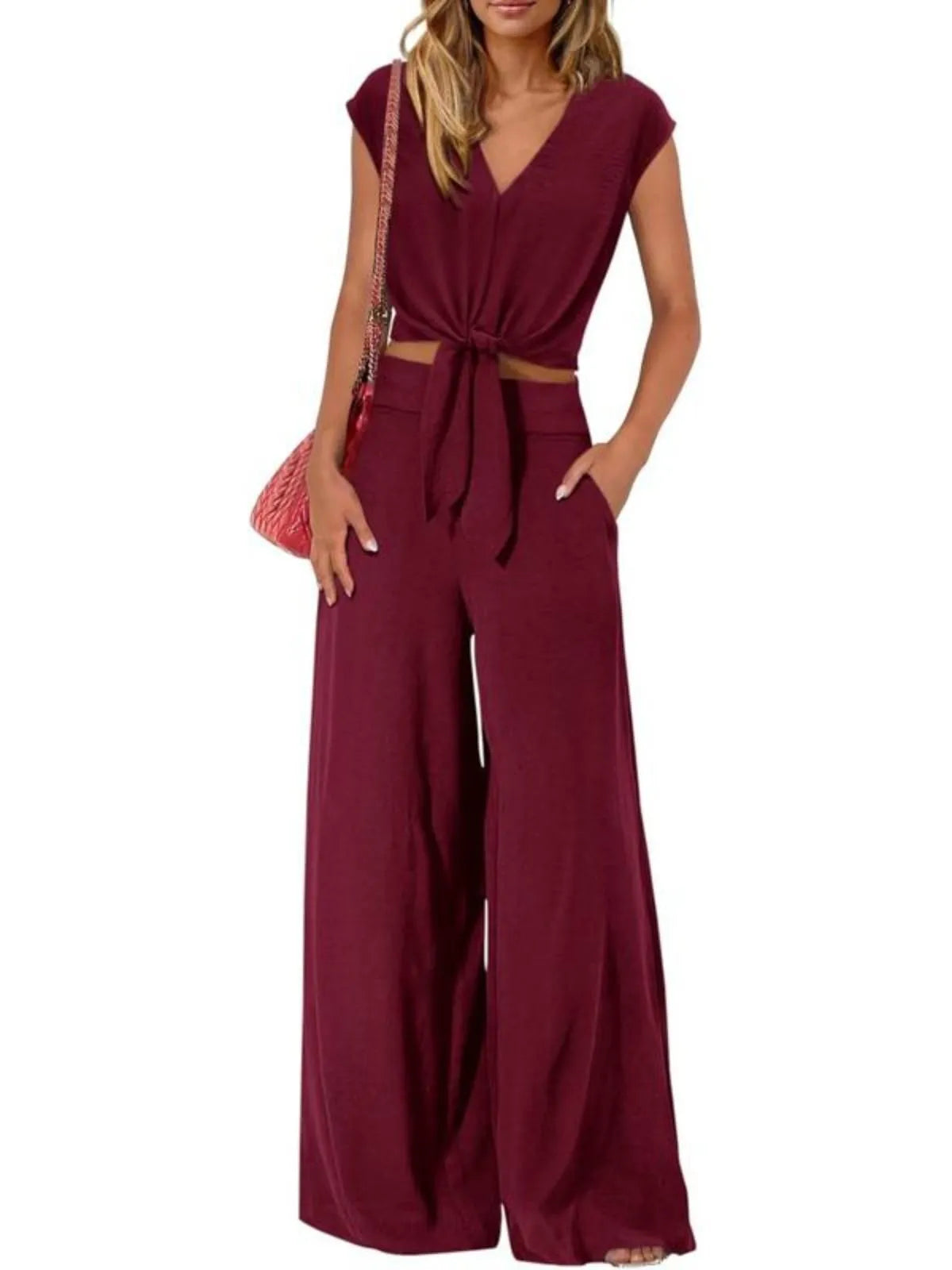 Solid Cap V-neck Lace-up Blouse & Solid Palazzo Pants