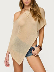 Solid Cape One Shoulder Knit Sheer Poncho Trendy Lightweight Asymmetric Top