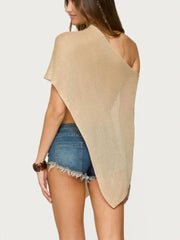Solid Cape One Shoulder Knit Sheer Poncho Trendy Lightweight Asymmetric Top
