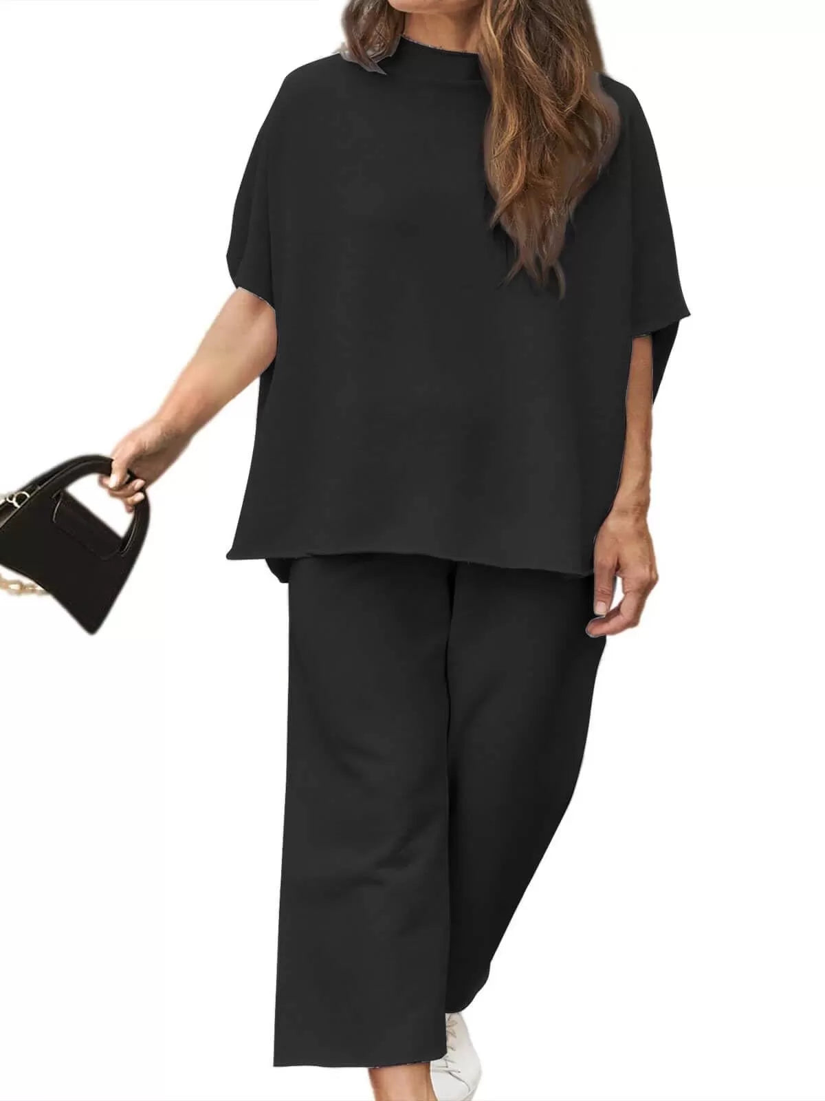 Solid Casual High Neck Mock T-shirt & Solid Wide Leg Pants Lounge Set