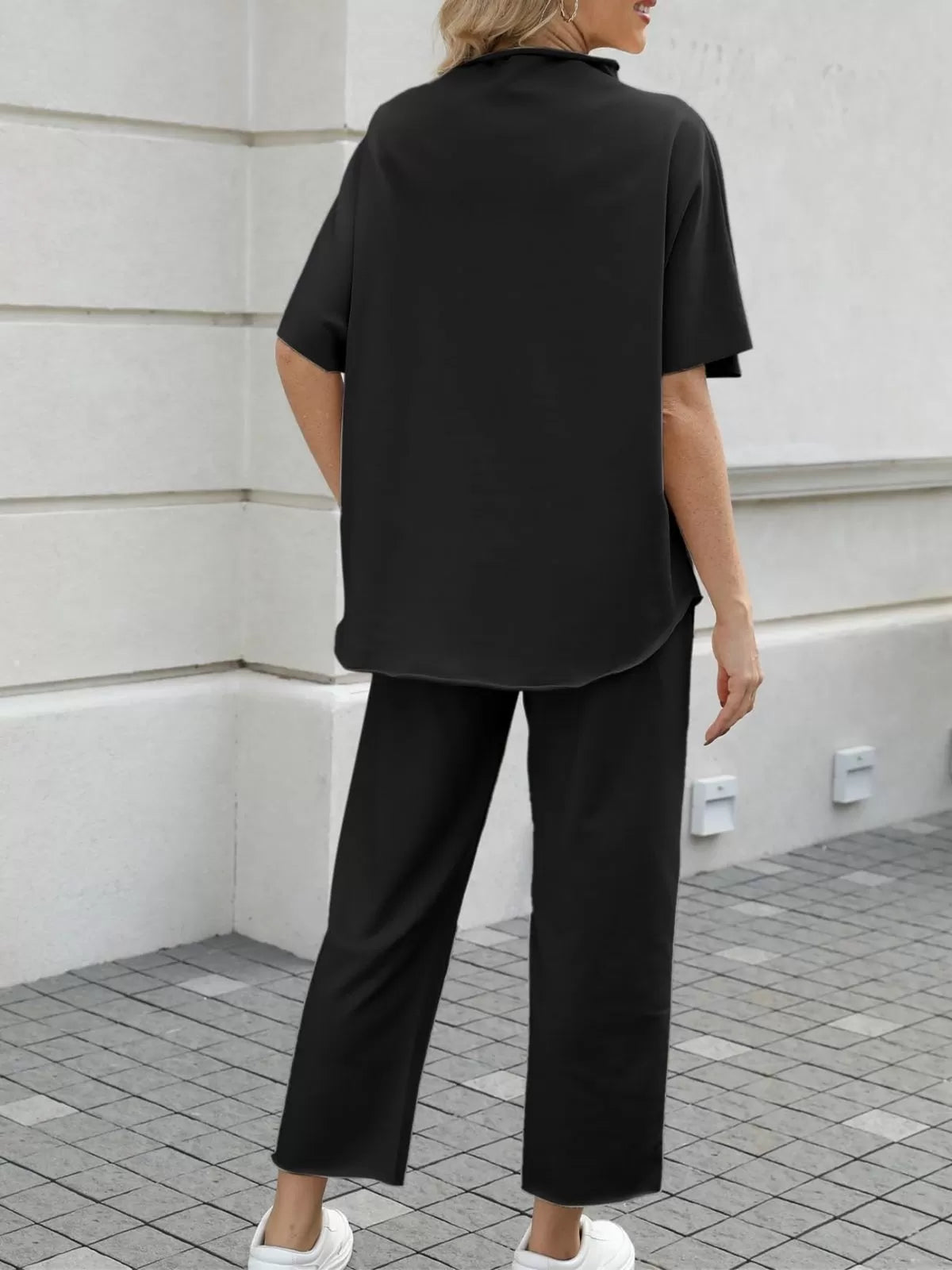 Solid Casual High Neck Mock T-shirt & Solid Wide Leg Pants Lounge Set