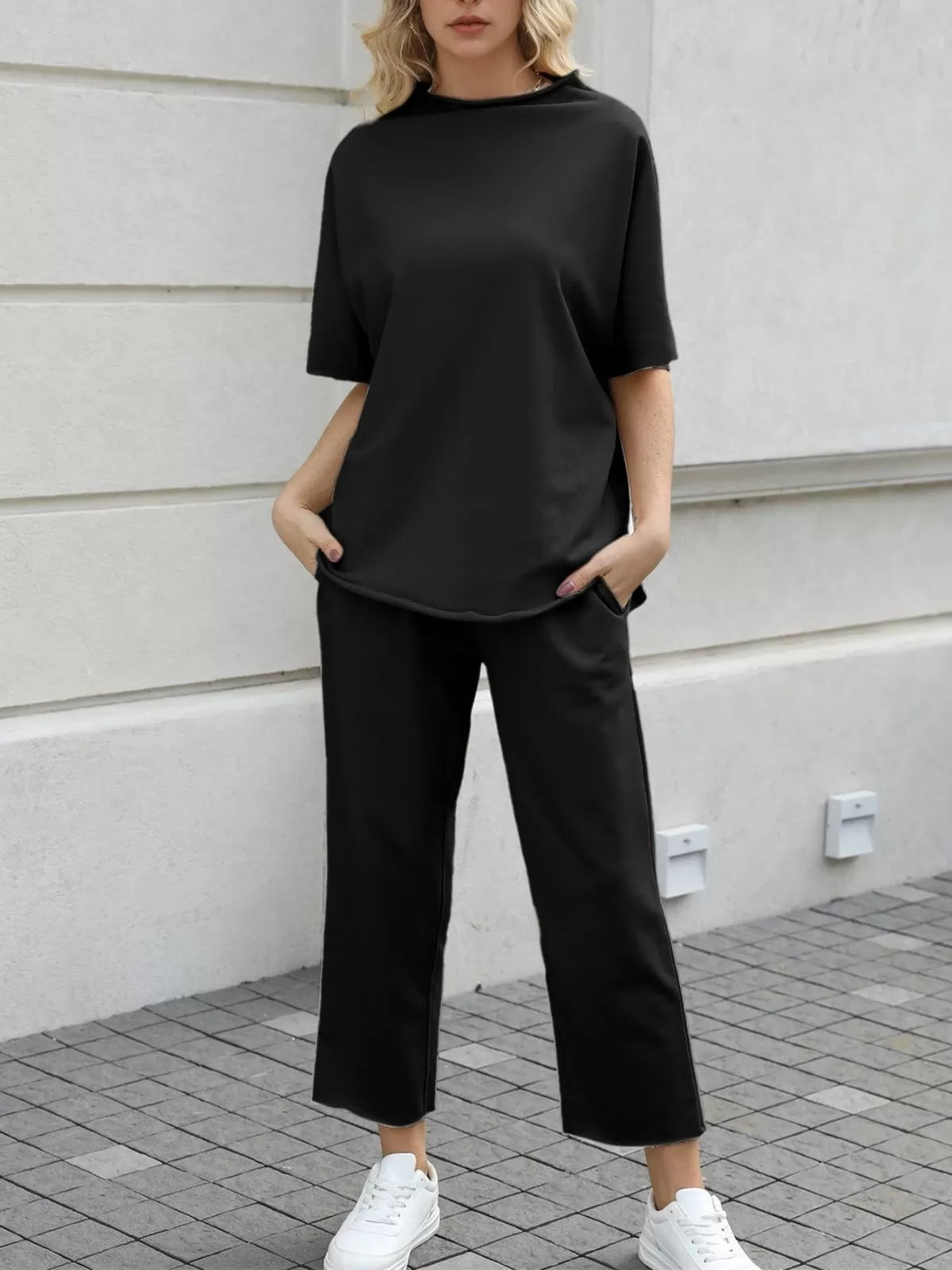 Solid Casual High Neck Mock T-shirt & Solid Wide Leg Pants Lounge Set
