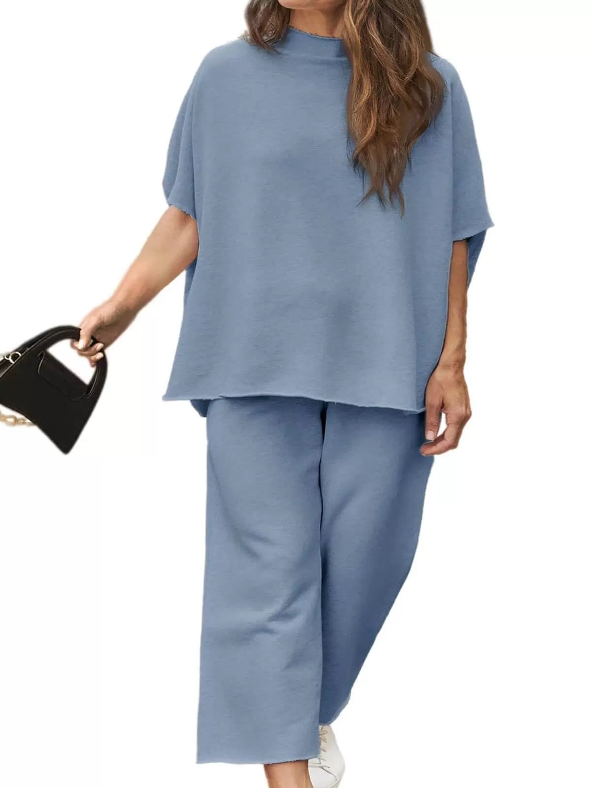 Solid Casual High Neck Mock T-shirt & Solid Wide Leg Pants Lounge Set