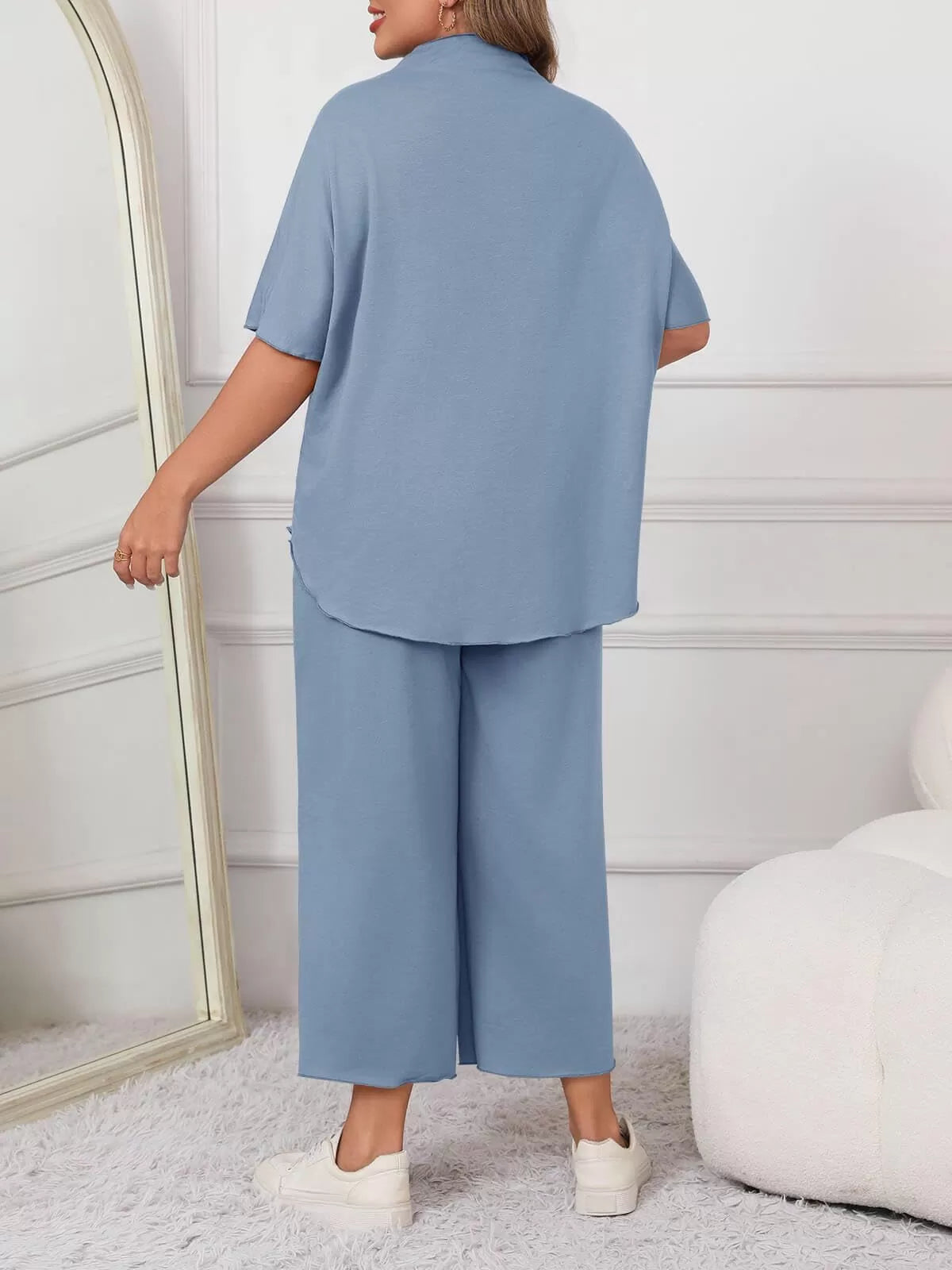 Solid Casual High Neck Mock T-shirt & Solid Wide Leg Pants Lounge Set