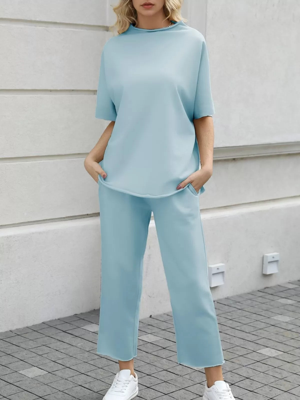 Solid Casual High Neck Mock T-shirt & Solid Wide Leg Pants Lounge Set