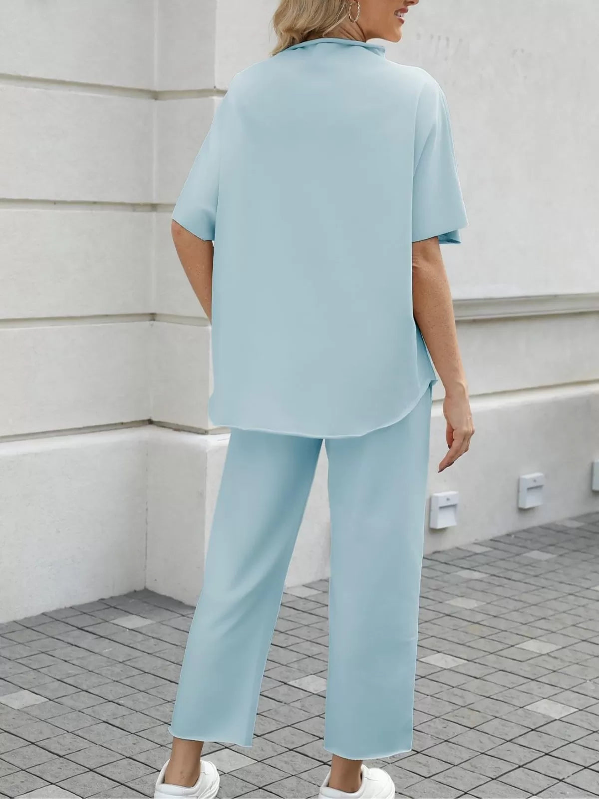 Solid Casual High Neck Mock T-shirt & Solid Wide Leg Pants Lounge Set