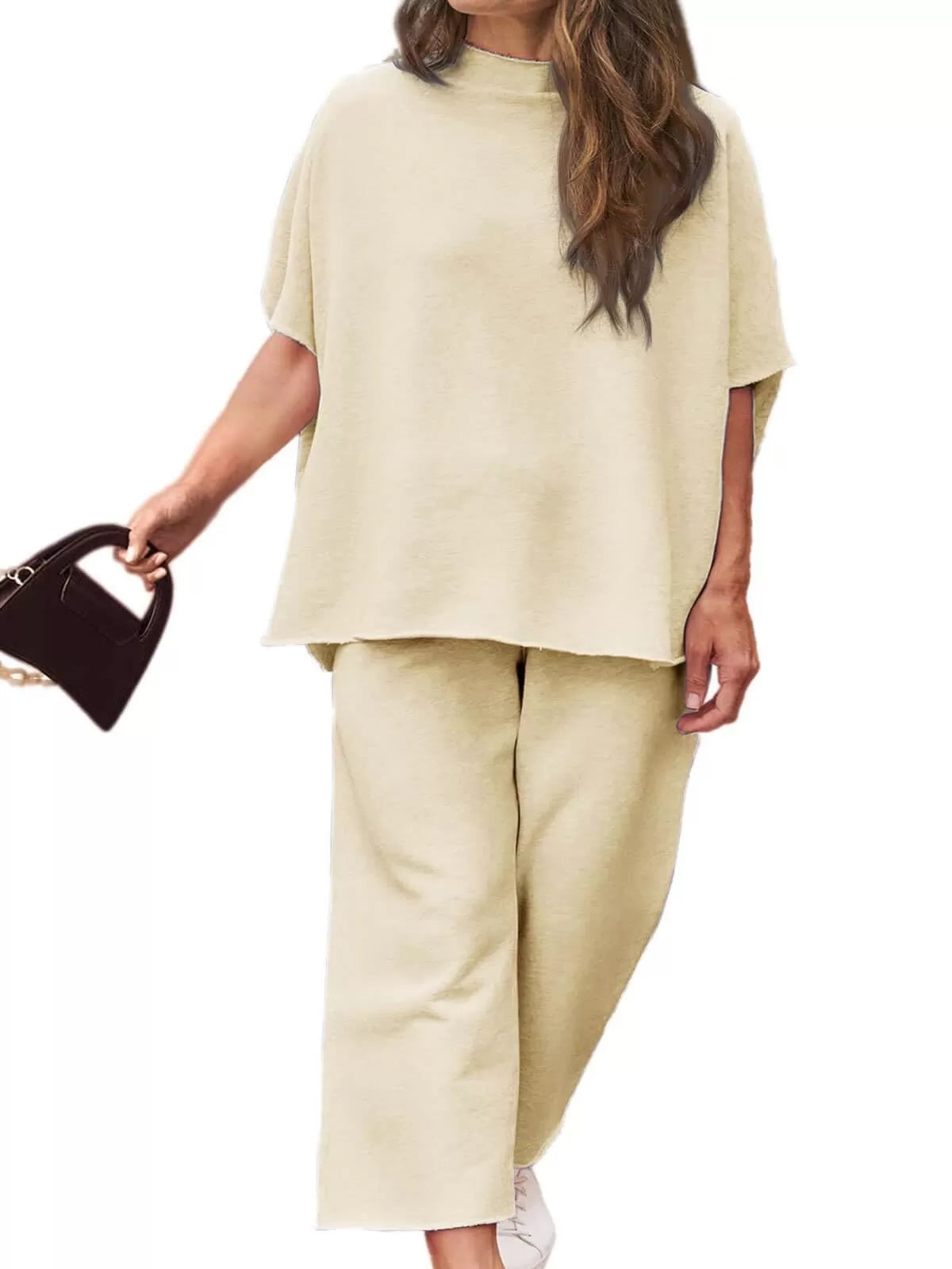 Solid Casual High Neck Mock T-shirt & Solid Wide Leg Pants Lounge Set