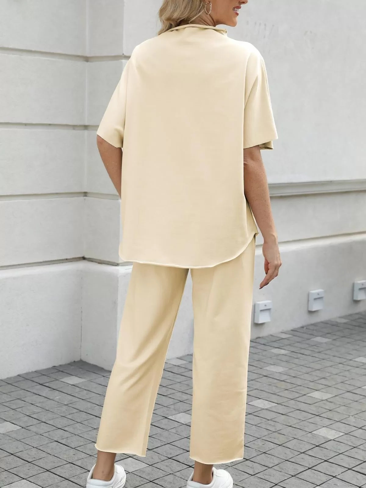 Solid Casual High Neck Mock T-shirt & Solid Wide Leg Pants Lounge Set