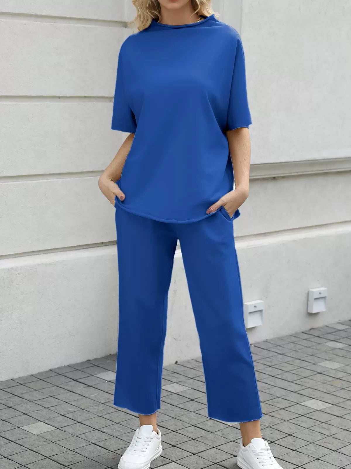 Solid Casual High Neck Mock T-shirt & Solid Wide Leg Pants Lounge Set