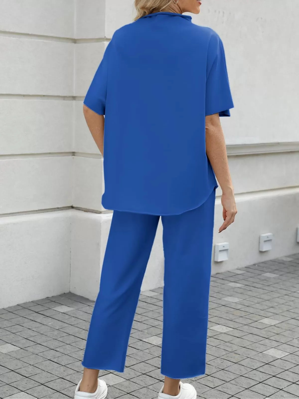 Solid Casual High Neck Mock T-shirt & Solid Wide Leg Pants Lounge Set