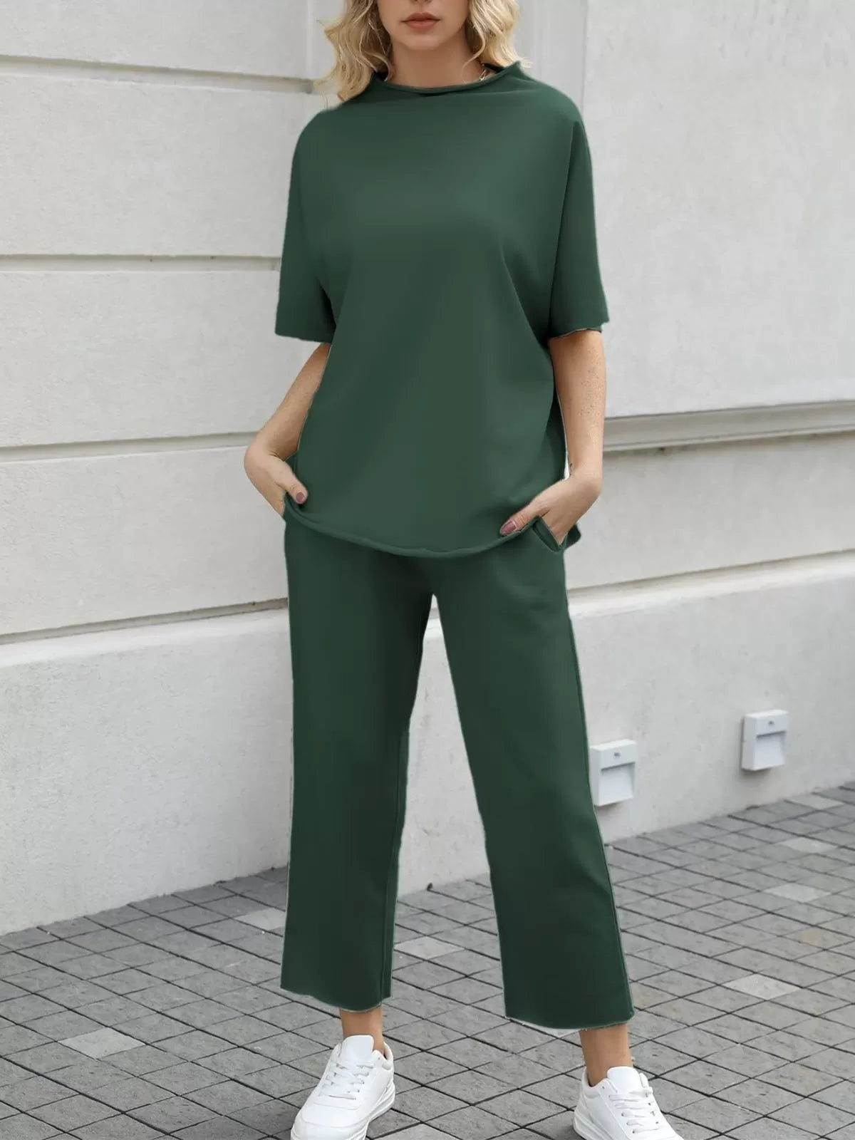 Solid Casual High Neck Mock T-shirt & Solid Wide Leg Pants Lounge Set