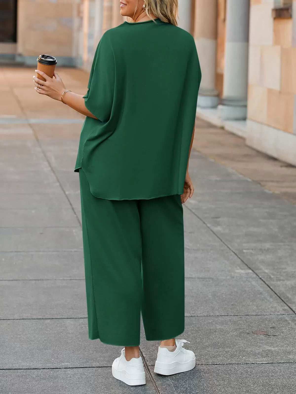 Solid Casual High Neck Mock T-shirt & Solid Wide Leg Pants Lounge Set
