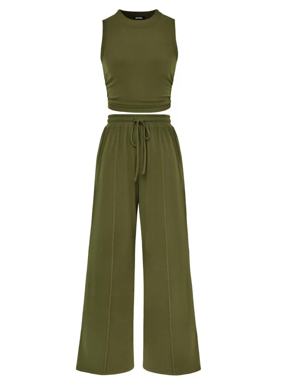 Solid Casual High Neck Ribbed Knit Stitching Cropped Tank & Solid Wide Leg Pants