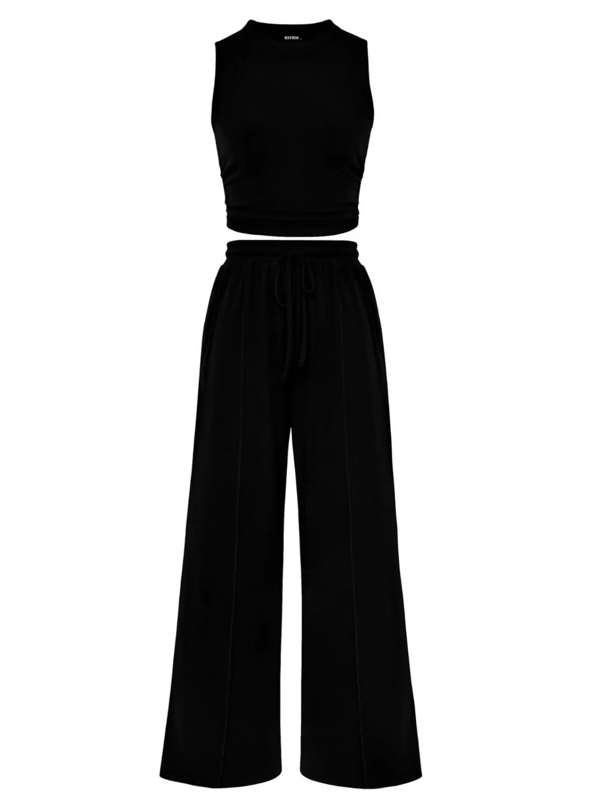 Solid Casual High Neck Ribbed Knit Stitching Cropped Tank & Solid Wide Leg Pants