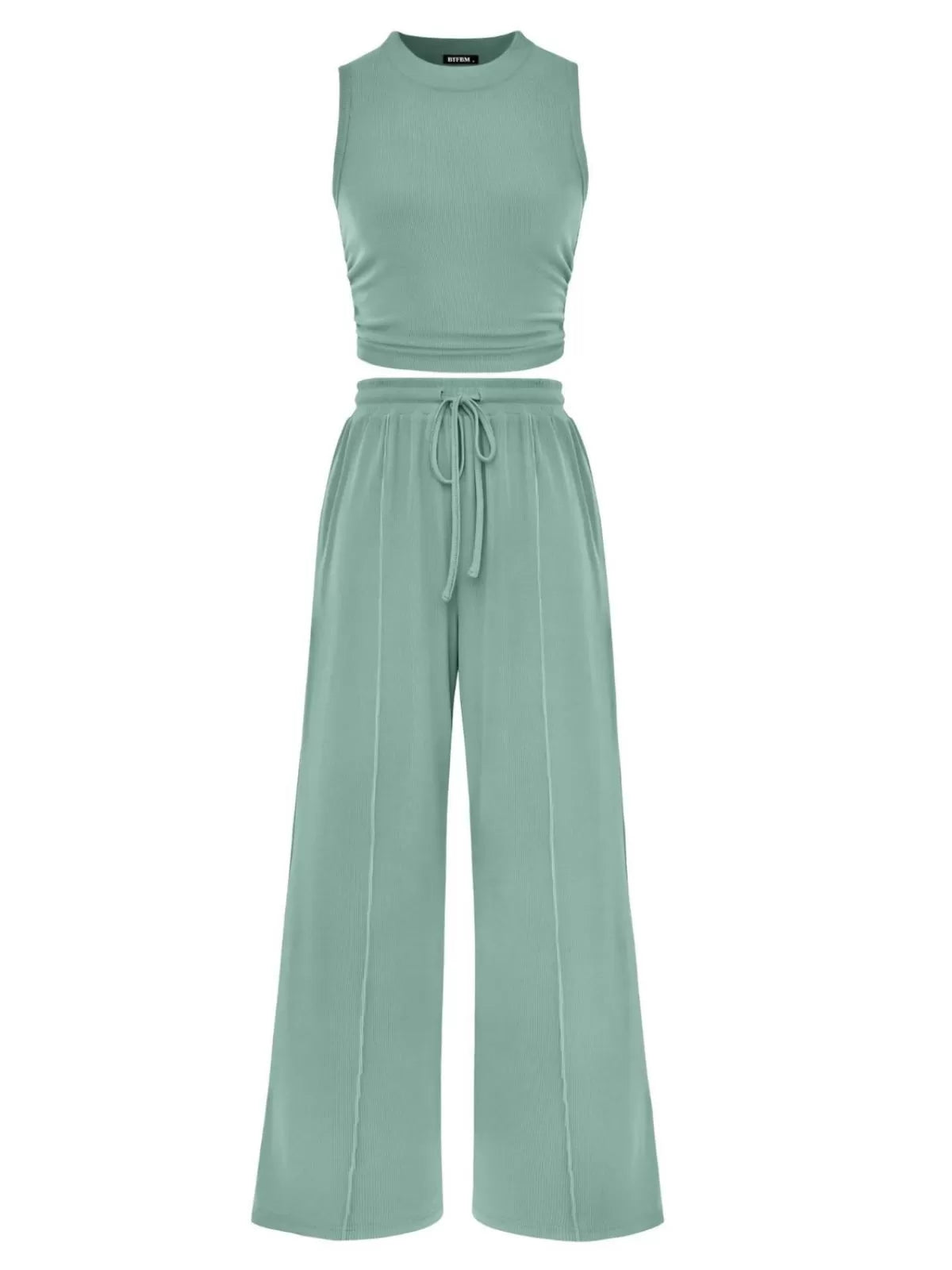 Solid Casual High Neck Ribbed Knit Stitching Cropped Tank & Solid Wide Leg Pants