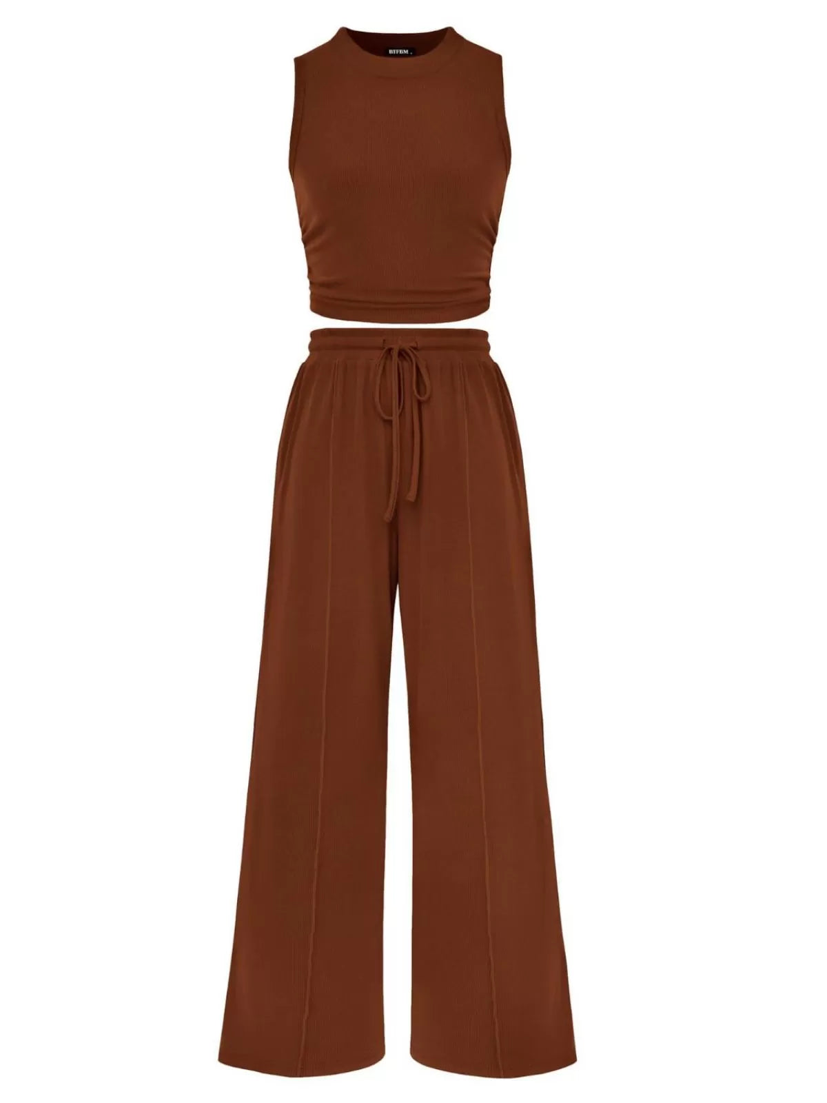 Solid Casual High Neck Ribbed Knit Stitching Cropped Tank & Solid Wide Leg Pants
