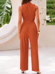 Solid Casual High Neck Ribbed Knit Stitching Cropped Tank & Solid Wide Leg Pants