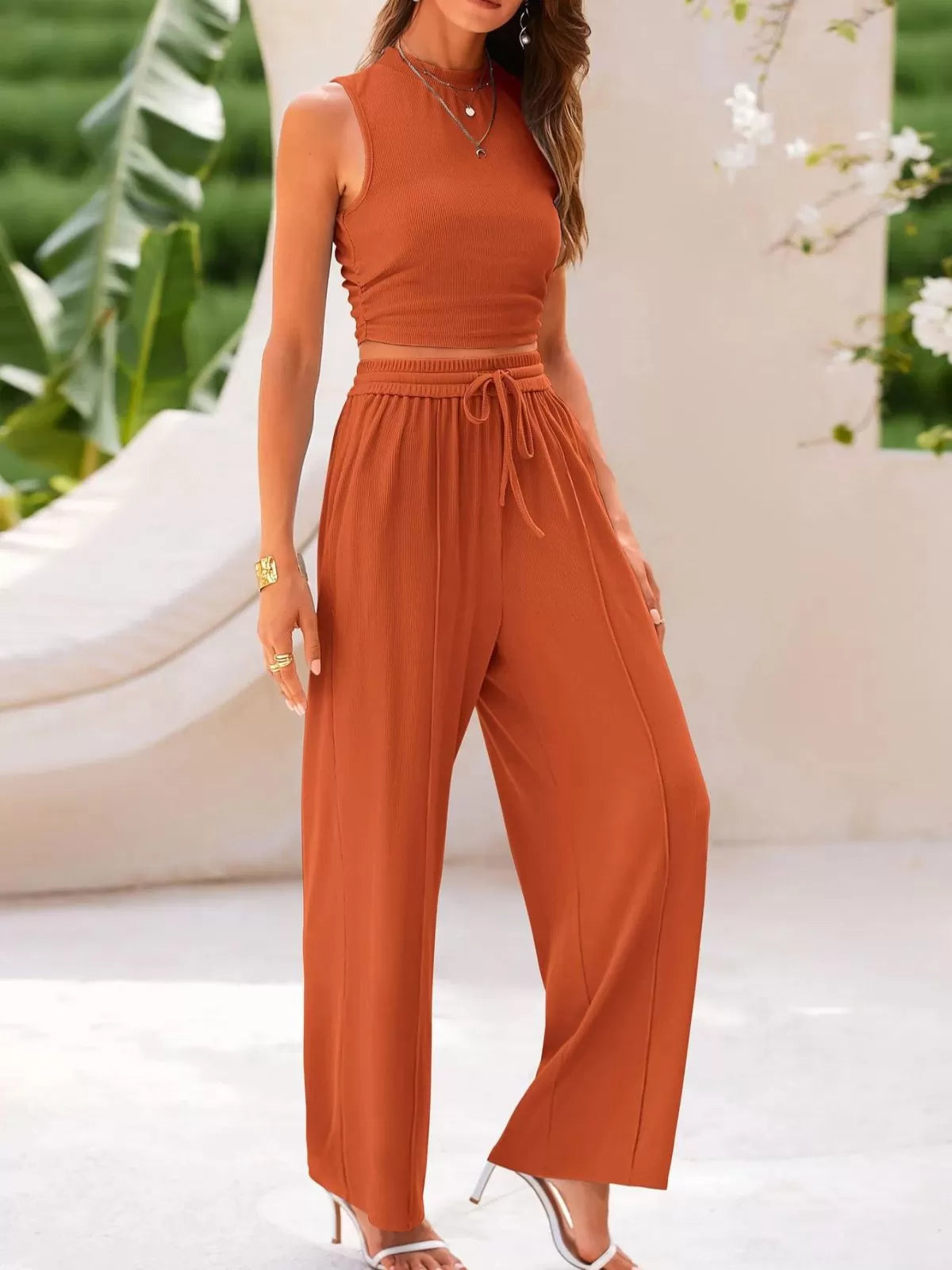 Solid Casual High Neck Ribbed Knit Stitching Cropped Tank & Solid Wide Leg Pants