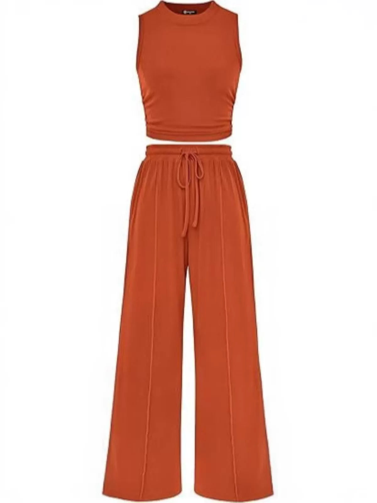 Solid Casual High Neck Ribbed Knit Stitching Cropped Tank & Solid Wide Leg Pants