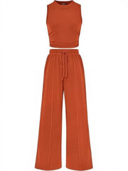 Solid Casual High Neck Ribbed Knit Stitching Cropped Tank & Solid Wide Leg Pants