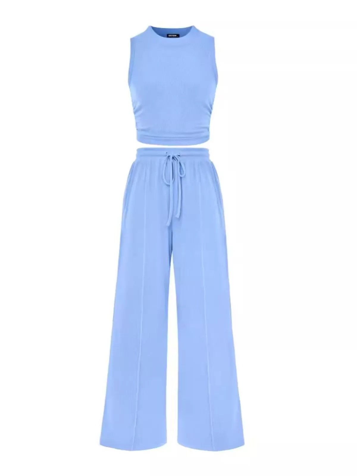 Solid Casual High Neck Ribbed Knit Stitching Cropped Tank & Solid Wide Leg Pants