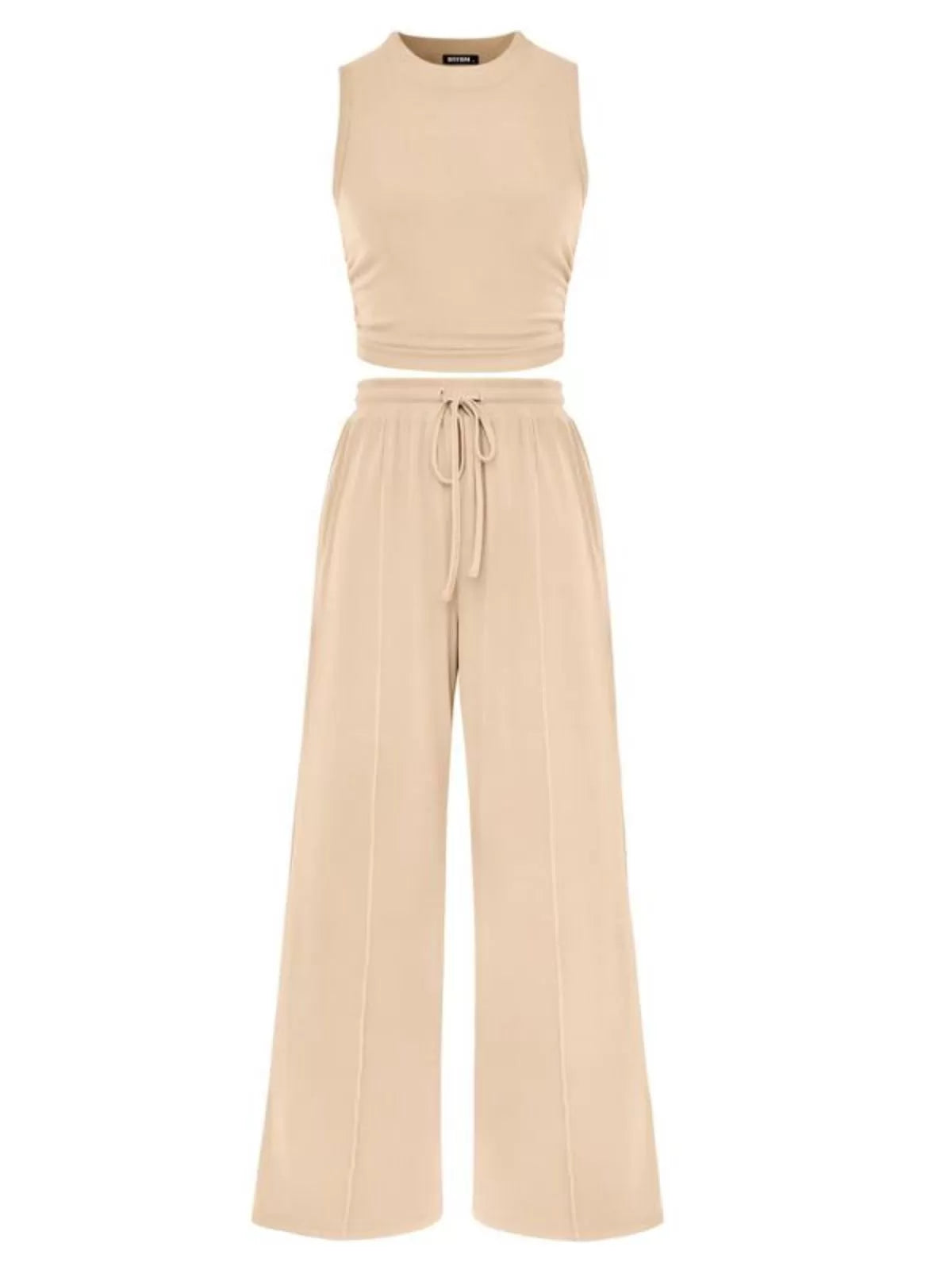Solid Casual High Neck Ribbed Knit Stitching Cropped Tank & Solid Wide Leg Pants
