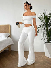 Trendy Solid White Off Shoulder Crop Top with Flare Leg Pants