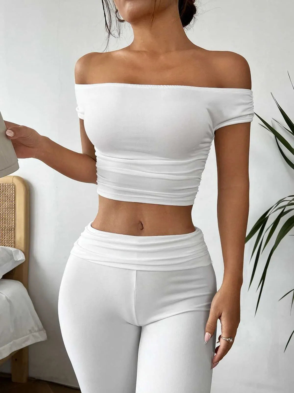 Trendy Solid White Off Shoulder Crop Top with Flare Leg Pants
