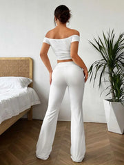 Trendy Solid White Off Shoulder Crop Top with Flare Leg Pants