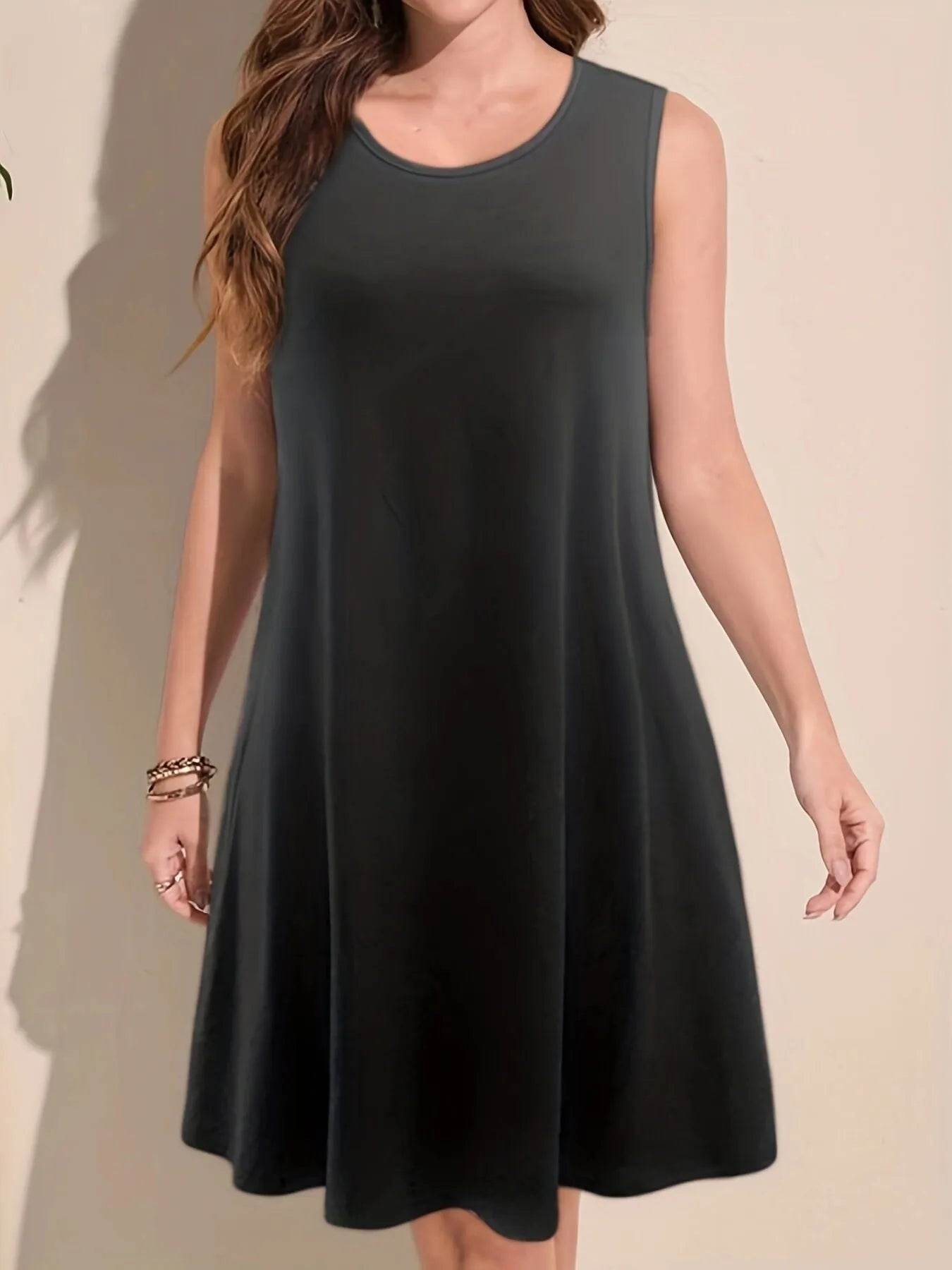 Solid Round Neck A-line Dress