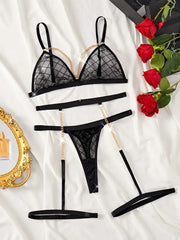 3pcs Set Solid Chain Lace Sexy Lingerie