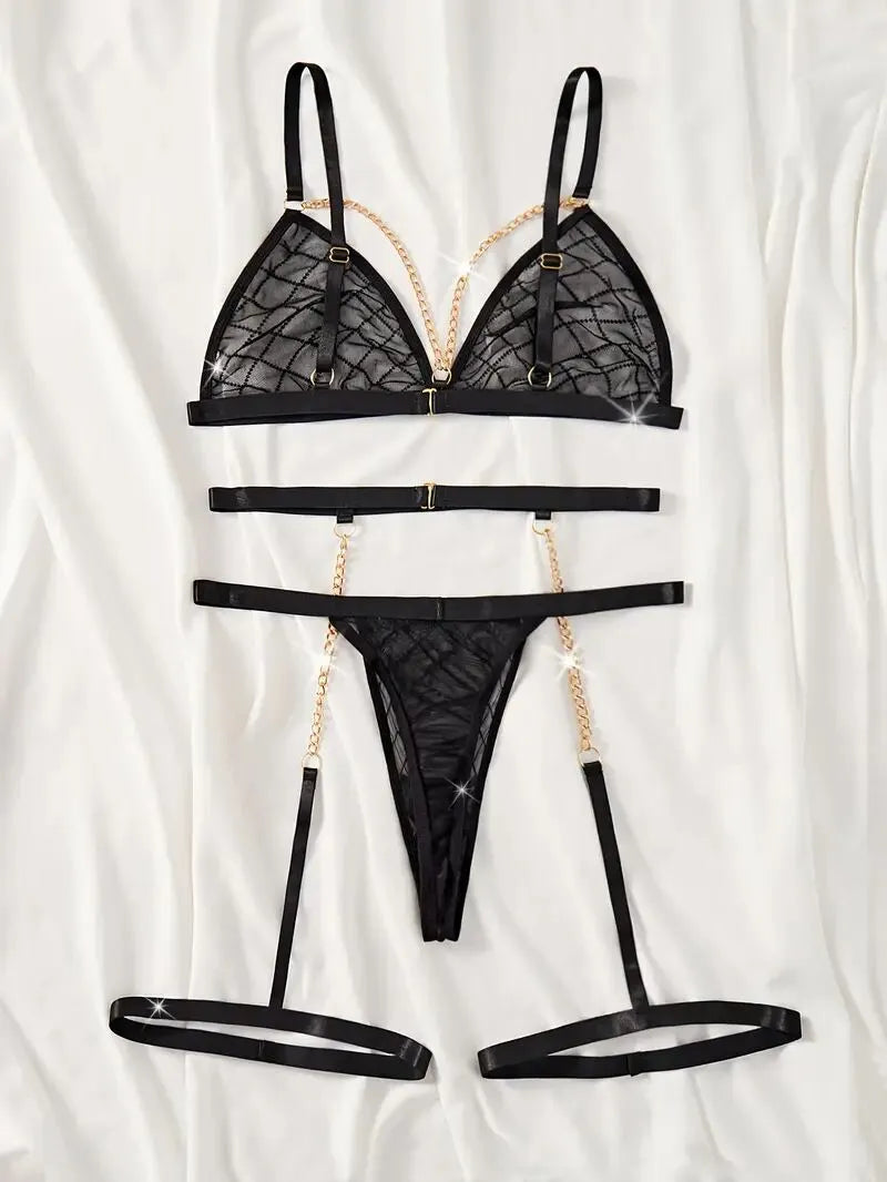 3pcs Set Solid Chain Lace Sexy Lingerie