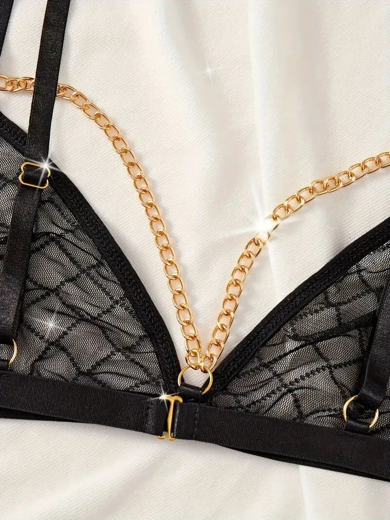 3pcs Set Solid Chain Lace Sexy Lingerie
