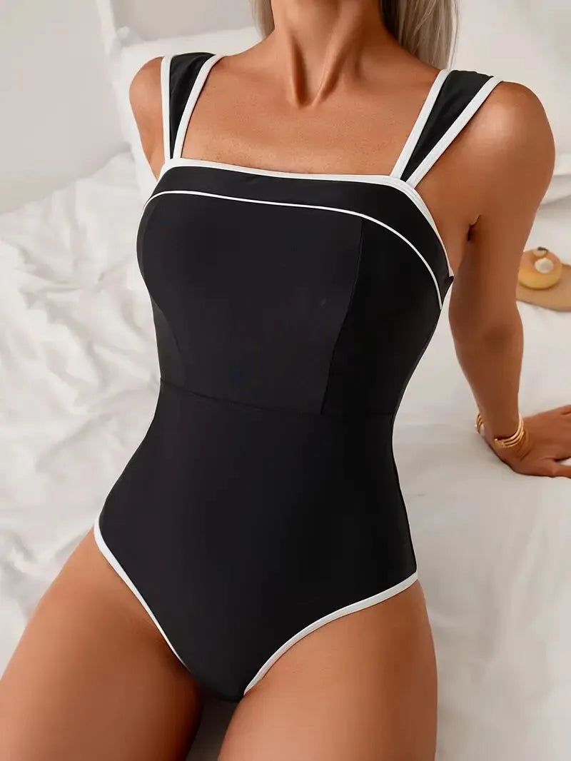Solid Contrast Binding Spaghetti Strap One-piece
