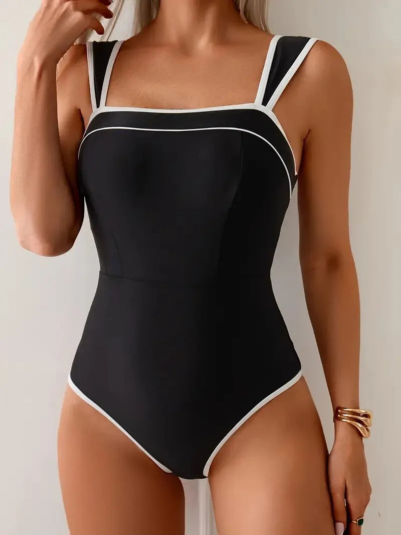 Solid Contrast Binding Spaghetti Strap One-piece
