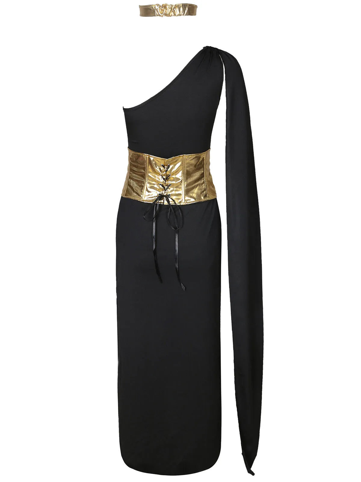 Solid Contrast Halloween Cosplay Cleopatra Binding One Shoulder Cold Shoulder Shift Dress, Accessories not included