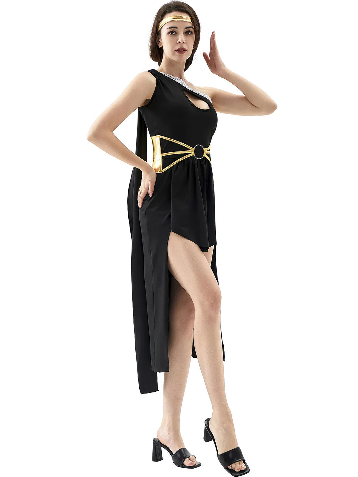 Solid Contrast Halloween Cosplay Cleopatra Binding One Shoulder Cold Shoulder Shift Dress, Accessories not included