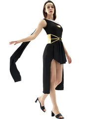 Solid Contrast Halloween Cosplay Cleopatra Binding One Shoulder Cold Shoulder Shift Dress, Accessories not included
