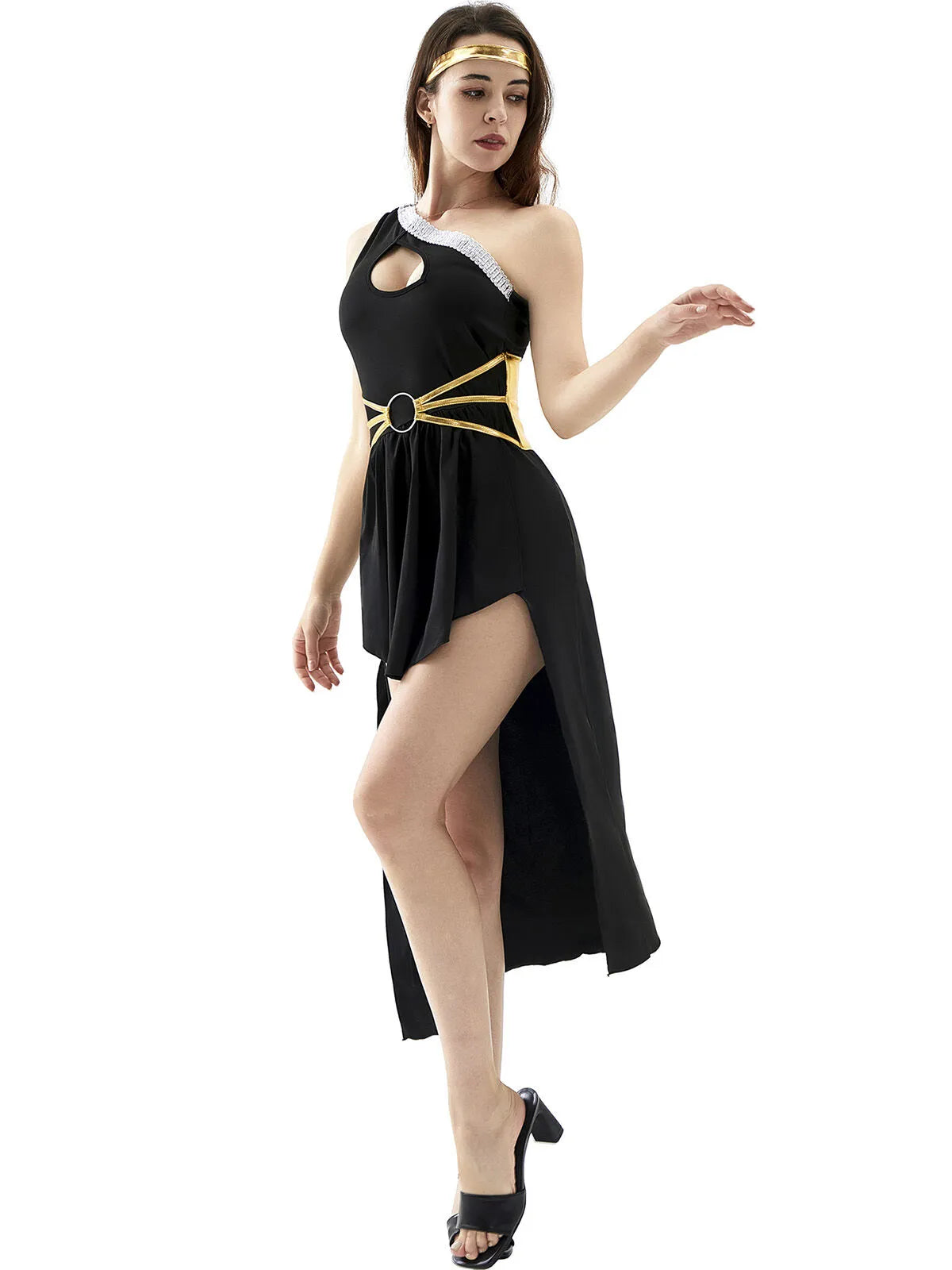 Solid Contrast Halloween Cosplay Cleopatra Binding One Shoulder Cold Shoulder Shift Dress, Accessories not included