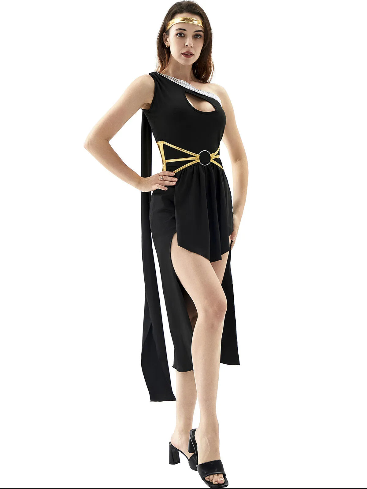 Solid Contrast Halloween Cosplay Cleopatra Binding One Shoulder Cold Shoulder Shift Dress, Accessories not included