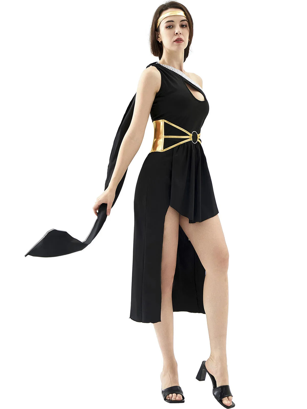 Solid Contrast Halloween Cosplay Cleopatra Binding One Shoulder Cold Shoulder Shift Dress, Accessories not included