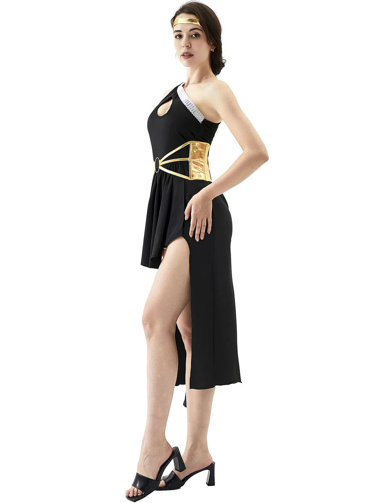 Solid Contrast Halloween Cosplay Cleopatra Binding One Shoulder Cold Shoulder Shift Dress, Accessories not included