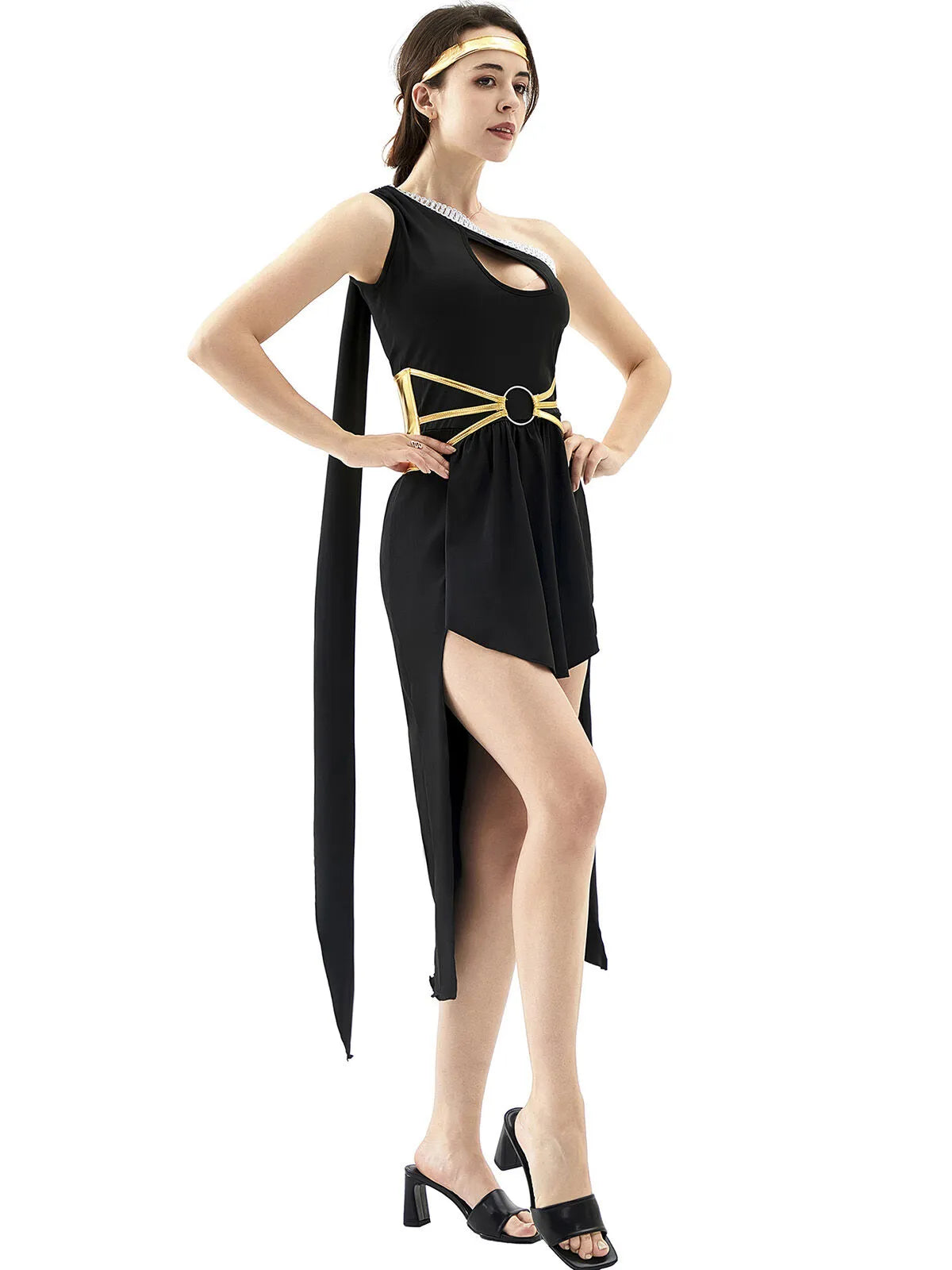 Solid Contrast Halloween Cosplay Cleopatra Binding One Shoulder Cold Shoulder Shift Dress, Accessories not included