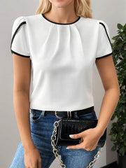 Solid Contrast Binding Round Neck Petal Short Sleeve T-shirt