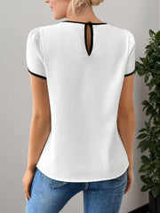 Solid Contrast Binding Round Neck Petal Short Sleeve T-shirt