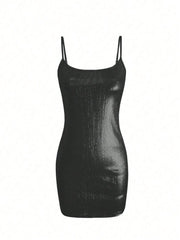 Solid Sexy Sequin Spaghetti Strap Bodycon Dress
