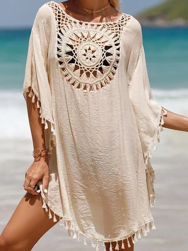 Solid Crochet Cutouts Round Neck Cover Up