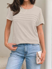 Solid Crochet Cutouts Round Neck Lace Sleeve T-shirt